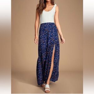Lulus Wandering Wonder Navy Blue Floral Print Button-Front Maxi Skirt- size XS